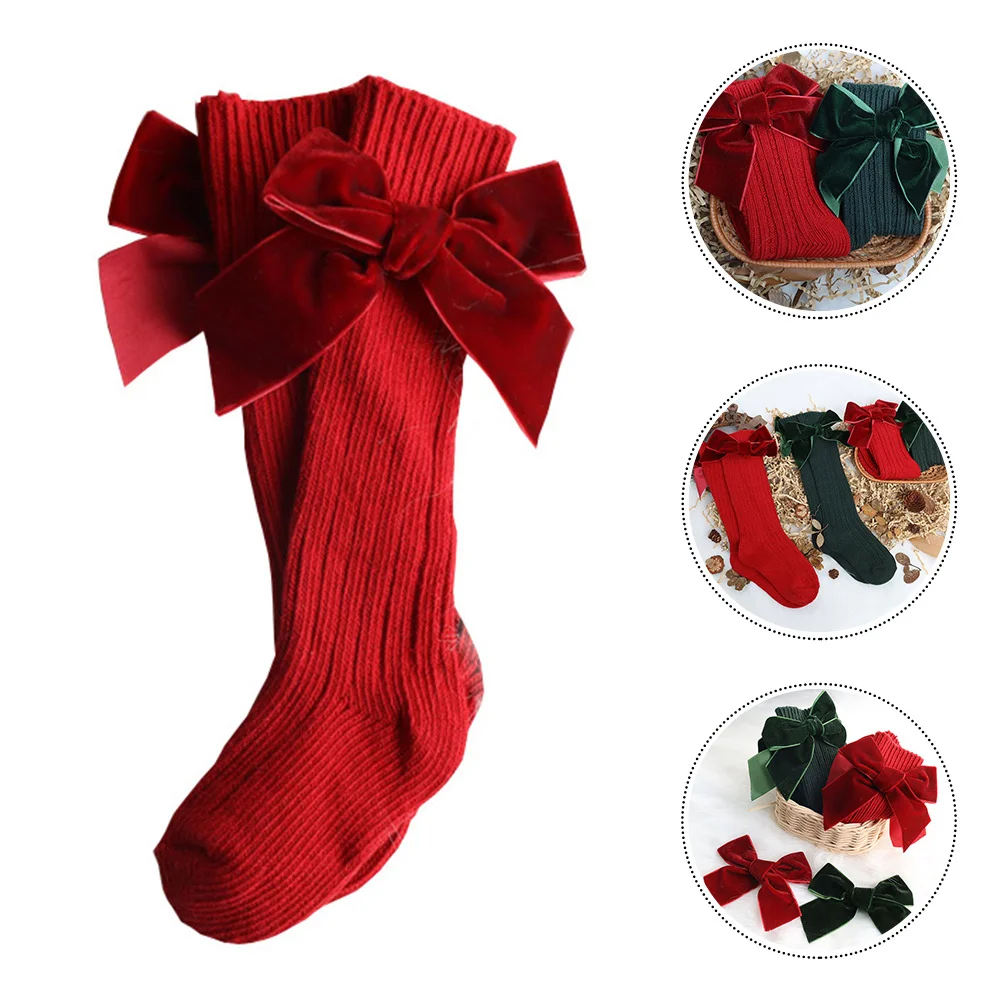 

1 пара однотонных детских чулок с бантом, хлопковые эластичные теплые носки до середины икры, зимне-осенние носки, детские чулки