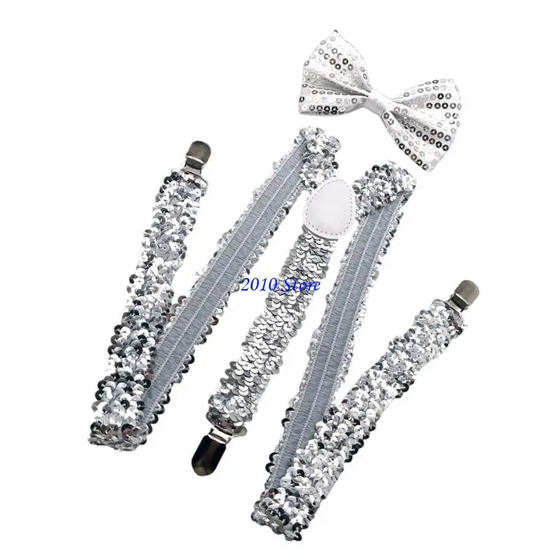 

F3MF Shimmering Suspenders and Bowtie Set for Men with Metal Clip Comfortable and Popular Costume Brace for Party Gathering