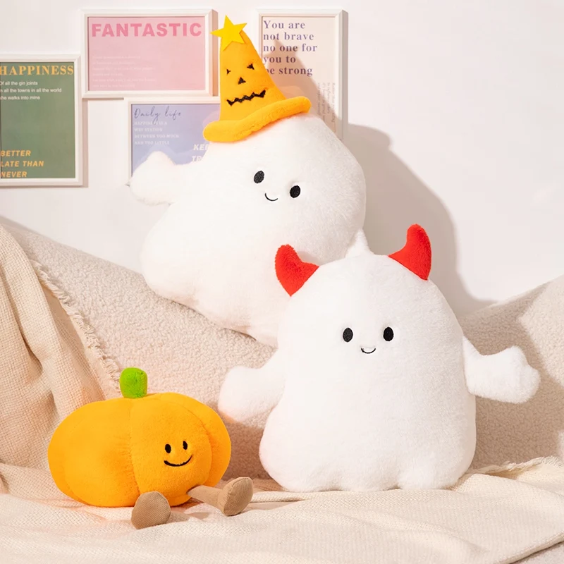 Halloween Pumpkin Ghost Plush Dolls Kawaii Soft Stuffed Anime Devil with Hat Pillow Cute Party Holiday Decor Prop for Kids Gifts