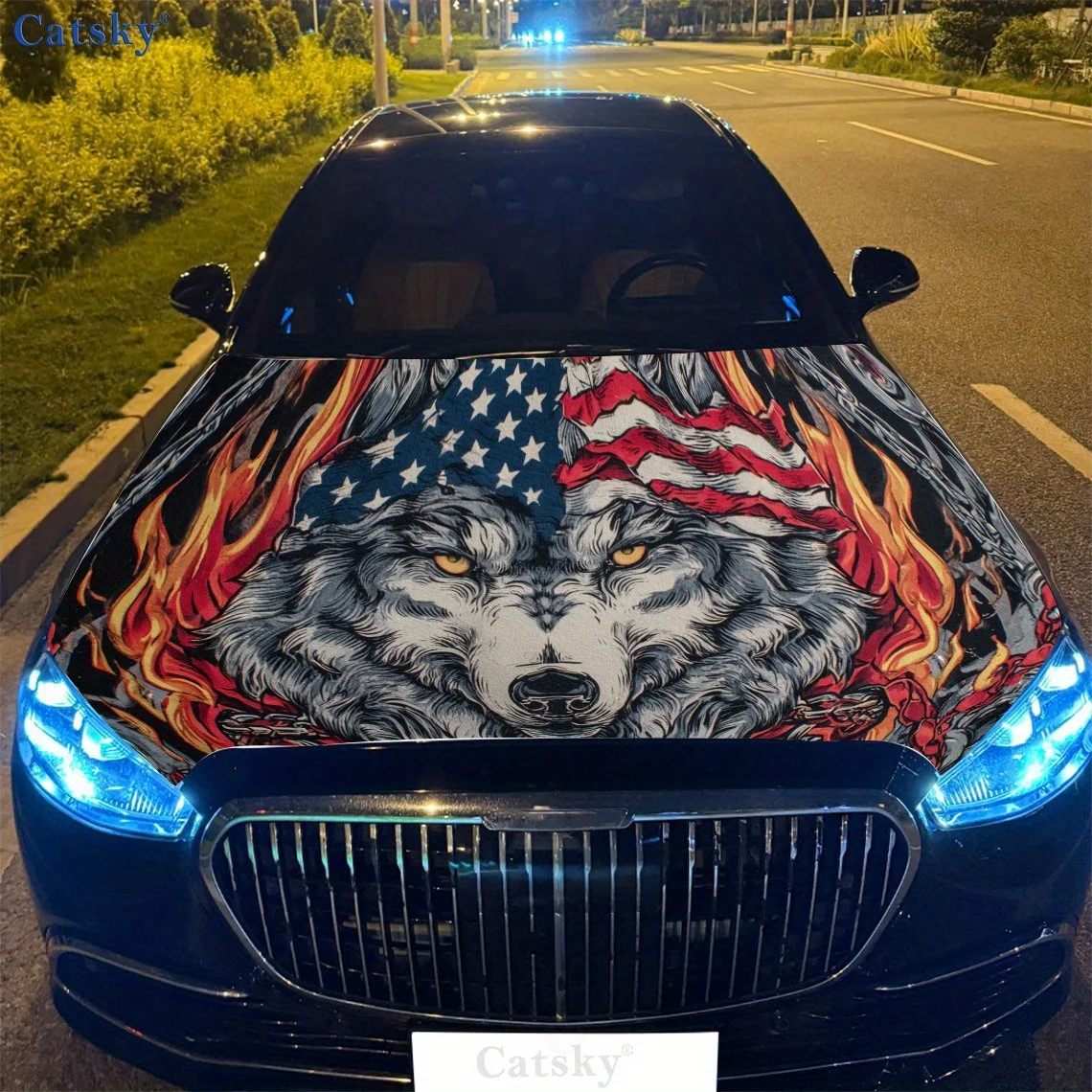 

American Flag Wolf with Flames Car Hood Vinyl Wraps Sticker, Auto Decal, Waterproof Self-adhesive Vehicle Decal, Anti-scratch Au