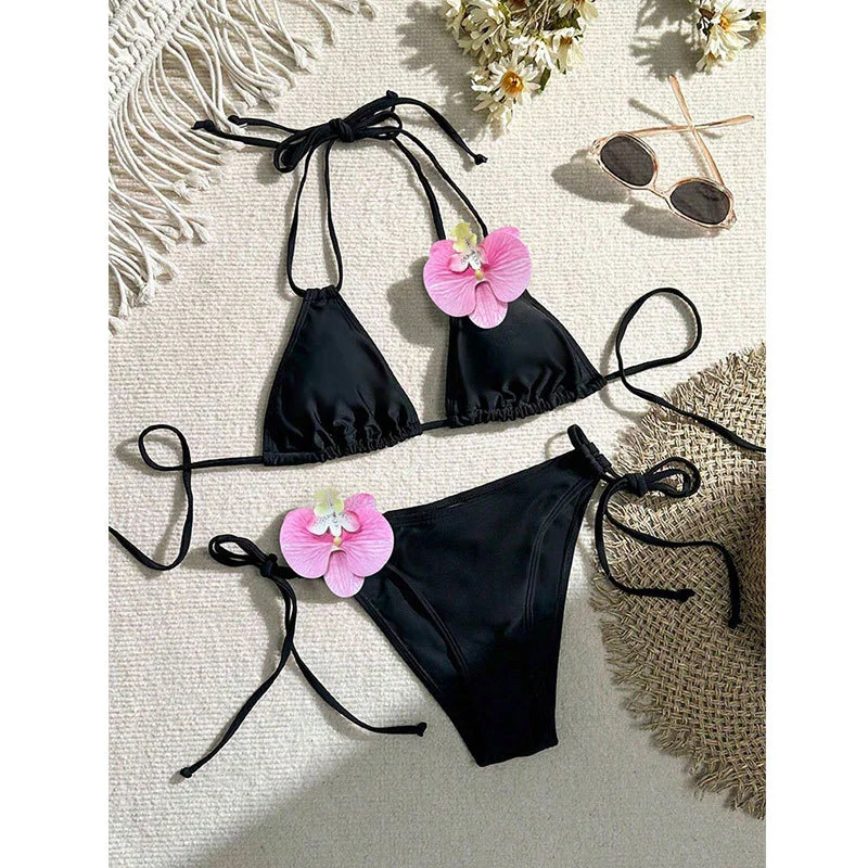 

Sexy Floral Tie Triangle Bikini Set Women Summer Two Piece Swimwear Beachwear Bathing Suits For Swim Pool Party Vacation
