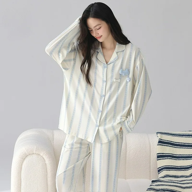 

Корейский комплект в полоску с длинными рукавами, женская повседневная домашняя одежда, новый стиль, удобные хлопковые пижамы