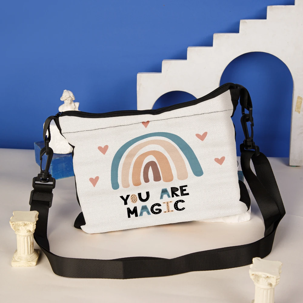 1pc You Are Magic Rainbow Print Crossbody Bag White With Hearts And Rainbow Pattern Shoulder Bags For Women Girls School Travel