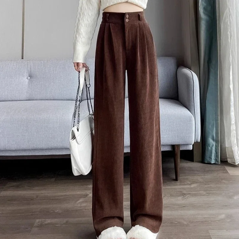 Corduroy Plus Velvet Thicker Casual Pants Women Fall Winter Keep Warm Soft Solid Color Female High Waist Wide Leg Trousers Chic