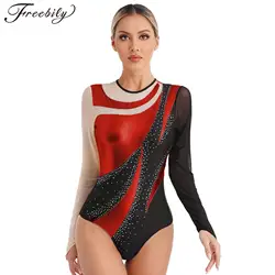 Body da ballo per balletto lucido da donna Metallic Contrast Color Splice manica lunga ginnastica body acrobazie costumi da pattinaggio