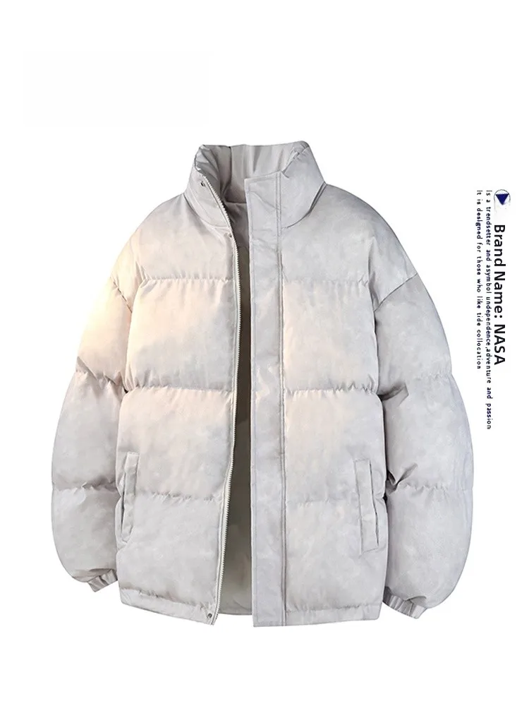 Męska kurtka zimowa w stylu retro tie-dye, wykonana ze skóry, bawełny i poliestru, ocieplana, ciepła, w stylu chlebaka, modna, zapinana na zamek.