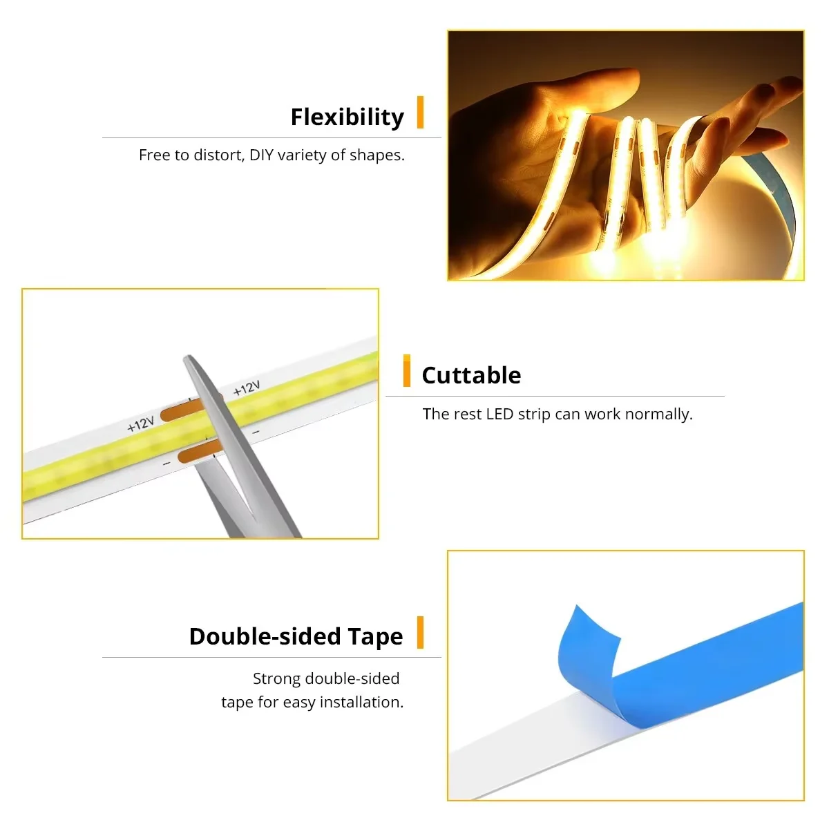 DC 12V 24V FOB COB Strip 320Leds/M High Density RA90 White 3000K 4000K 6000K IP21 Flexible Ribbon Rope LED Light