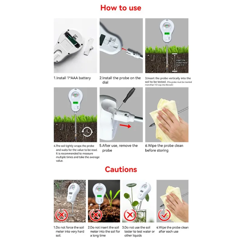 مجموعة أدوات اختبار التربة A13E-6-In-1 لاختبار الرطوبة والخصوبة ودرجة الحرارة وأداة قياس PH