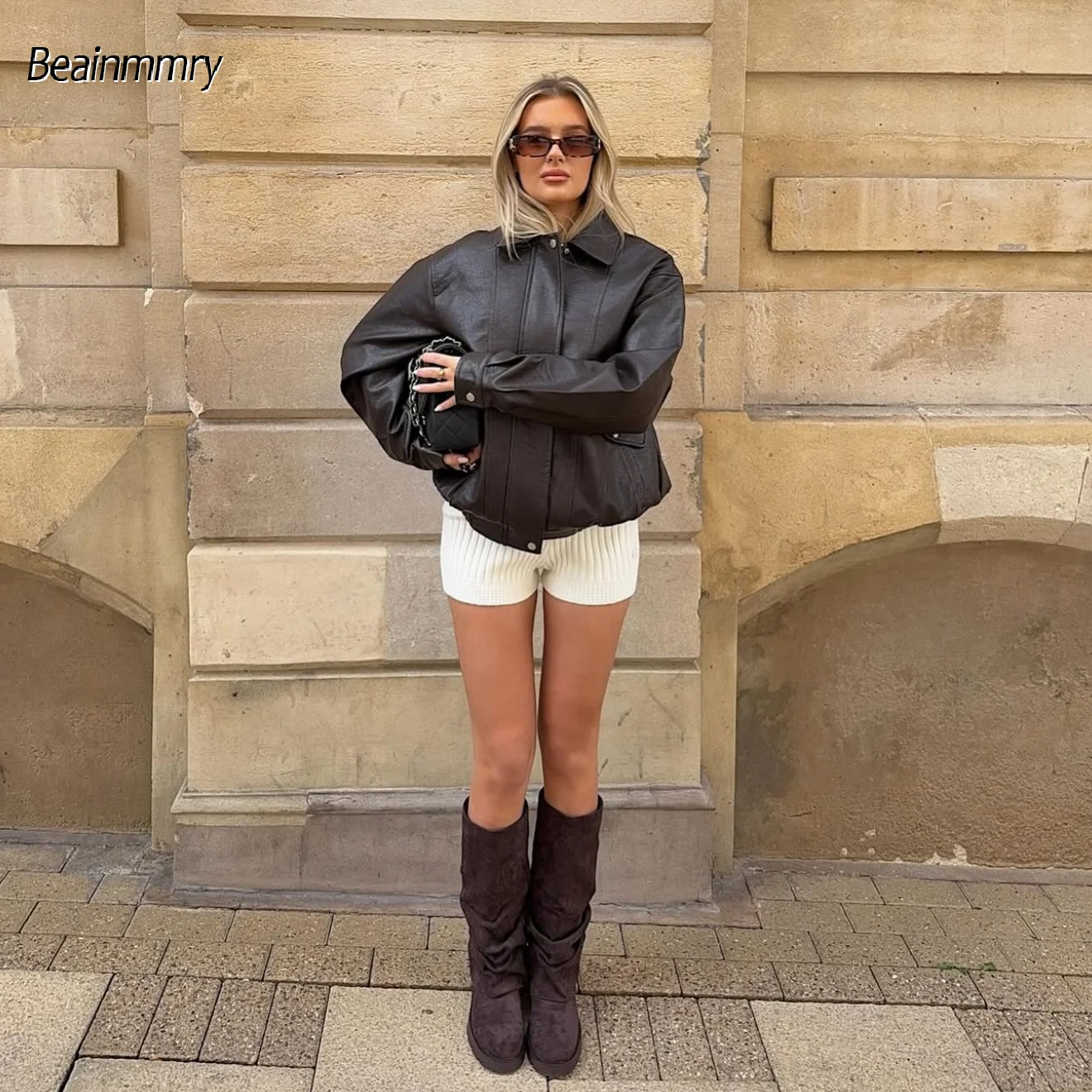 المرأة الصلبة الأسود بسيط التلبيب سترة جلدية موضة سحاب أكمام طويلة زر معطف 2025 الخريف سيدة شارع العليا فضفاض أبلى #2