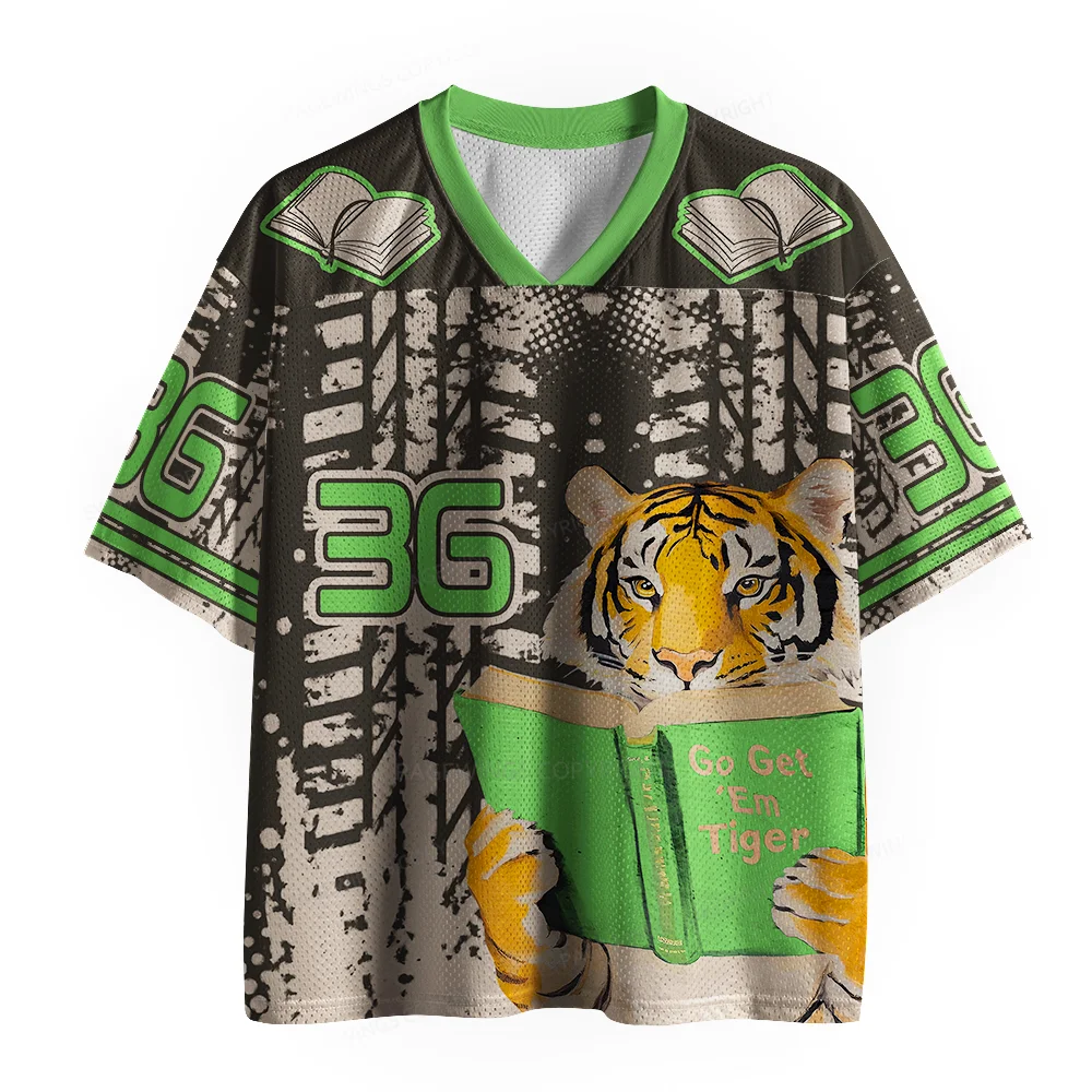Go Get Em Tiger Reading Book Mesh Jersey T-Shirt, Black Green Tiger Portrait V Neck Short Sleeve Sports Tee