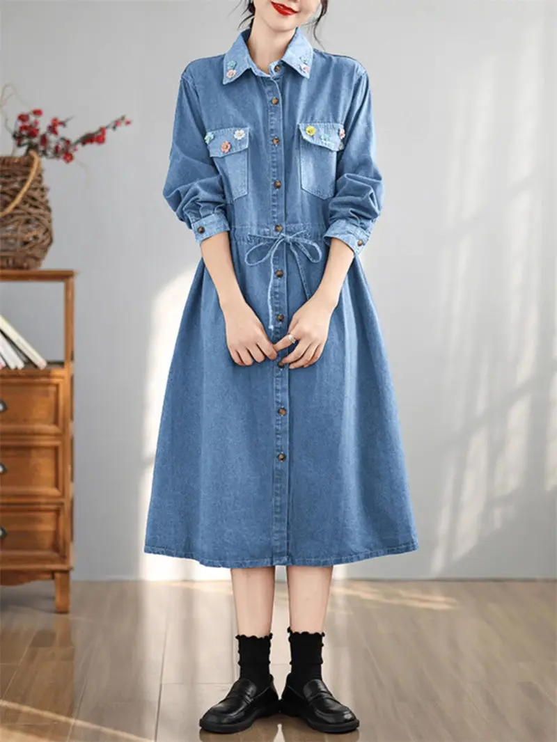 Three Dimensional Flower Denim Dress Lace Up Medium To Long style Fashionable Lapel Versatile A-Line Jeans Dress For Women K2702