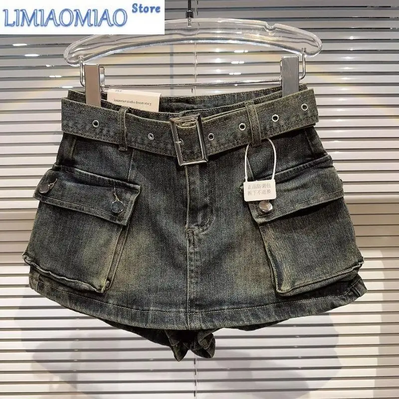 Women Denim Skirt Pants Black Short Trousers Woman Colthing Vintage Belt Vintage Vintage Baggy Trouser Streetwear Chic