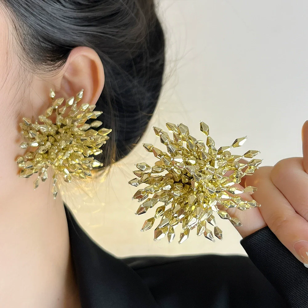 

Exaggerated Large Stud Earrings For The Dinner Party Grey Crystal Beaded Fireworks Earrings Trendy Unique Personality Earrings