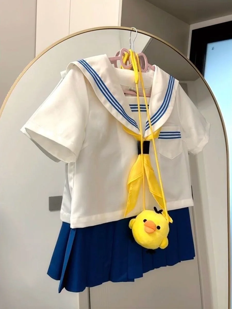 

Japanese Style JK Uniform School Uniform Short Sleeve Navy White Collar Girls Skirt Set Breathable Polyester Fabric Casual Wear