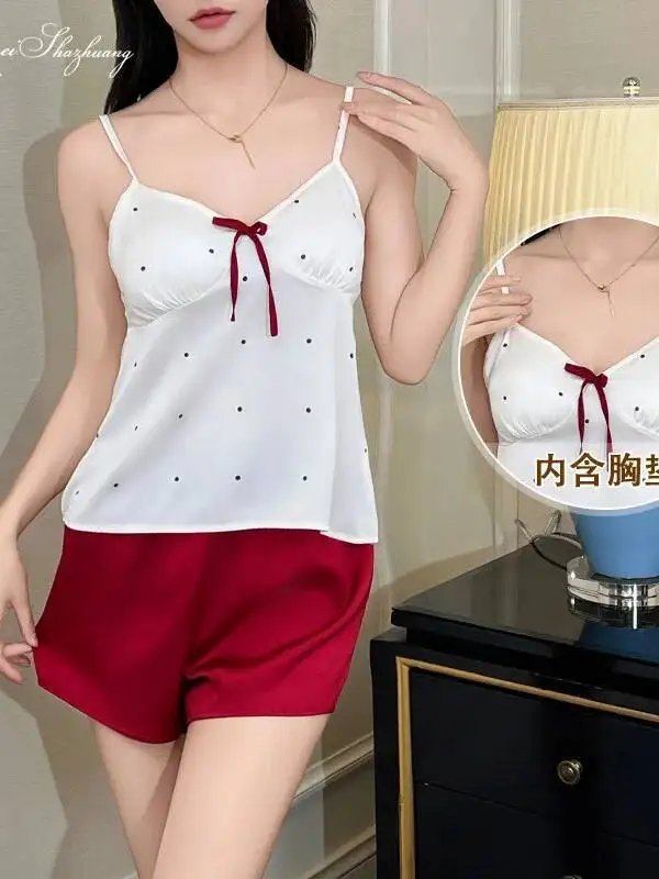 우아한 거즈 여름 새틴 여성 홈웨어 세트(가슴 패드 포함) 폴카 도트 프린트 반바지 세트 캐주얼 4GV3