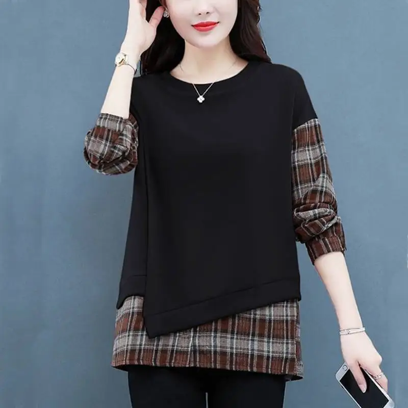 Women Trend Korean Vintage Plaid Print Patchwork Y2K Streetwear Sweatshirts Autumn Female Casual Long Sleeve Loose Pullover Tops