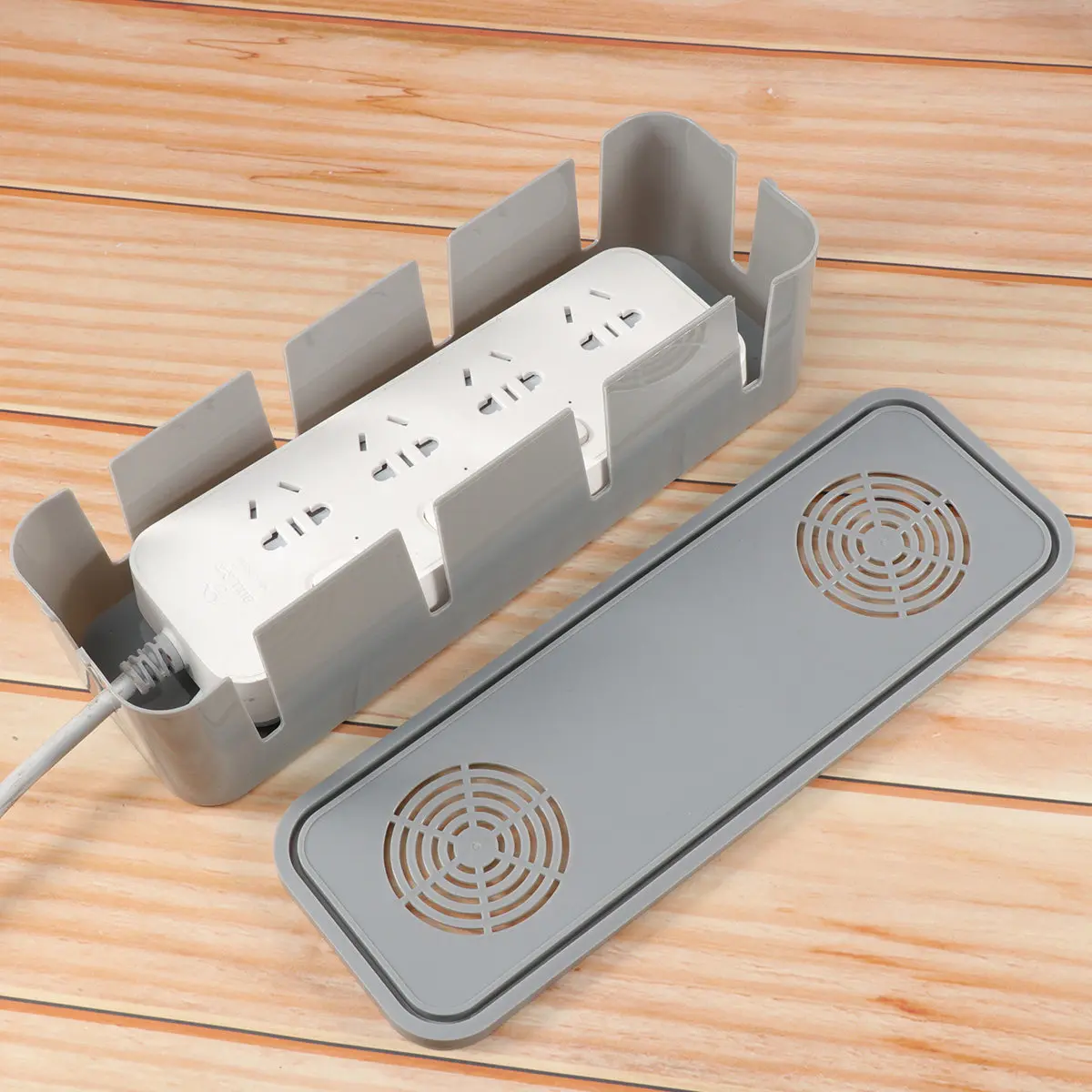 Cable Storage Box Grey Multi Plug Organizer for Desk Wall Corner Home Use Power Strip Holder Anti-Dust Safety Design