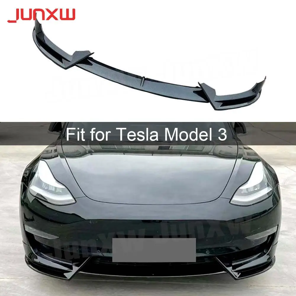 

3Pcs/Set ABS Carbon Look Front Bumper Lip Spoiler Bodykits Trim for Tesla Model 3 2017 + Gloss Black Car Accessories