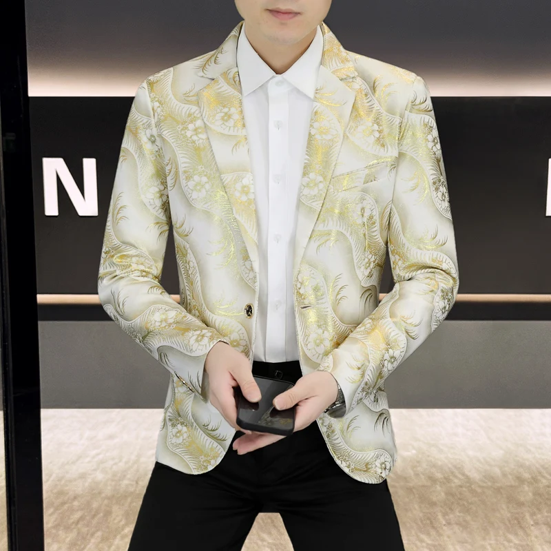 High-quality men's fashion business boutique, stylish and versatile, trendy casual gold-embossed suit jacket
