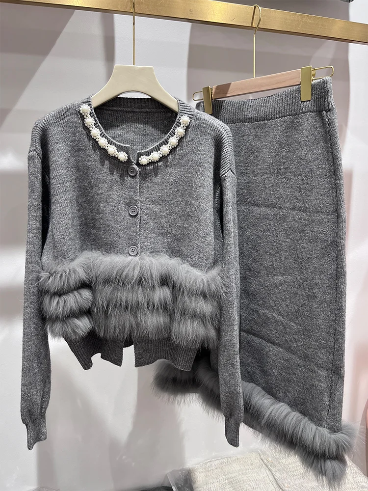 

Autumn Women Real Fox Fur Coat Cardigan With Skirt Sweater Spring Fox Fur Decoration Sweater Outerwear Female Coats