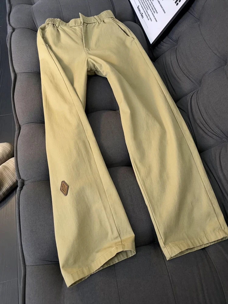 

Khaki Retro Workwear Pants Men's Loose Lazy Sle Straight Leg Casual Trousers Autumn Design Sense Tagged Loose Fit Trousers