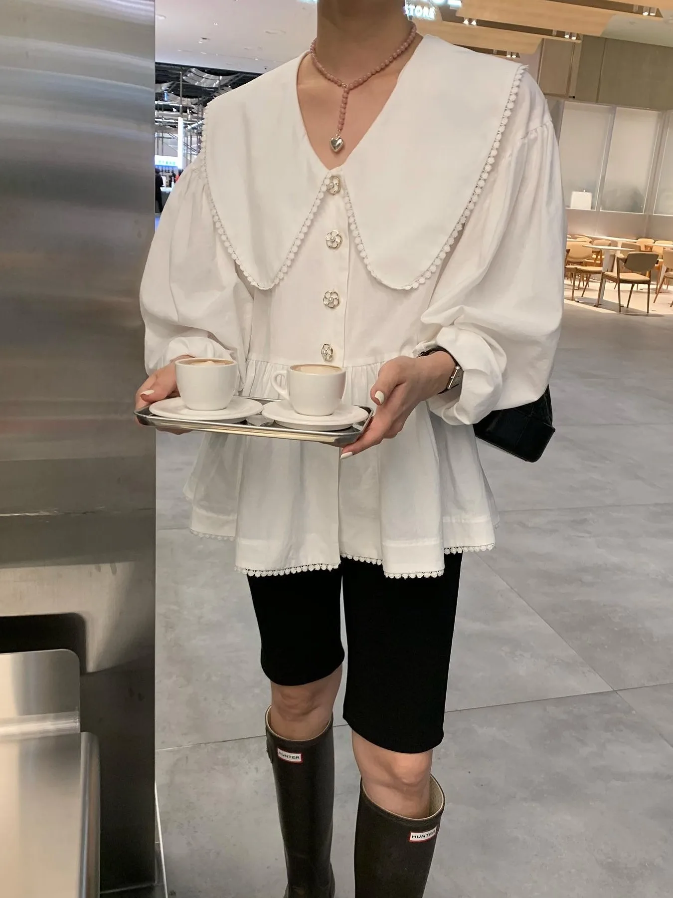 Chique Long Sve losse dames irt met ruches kraag Ele Button Design Geschikt voor verschillende gelegenheden Herfst Faion