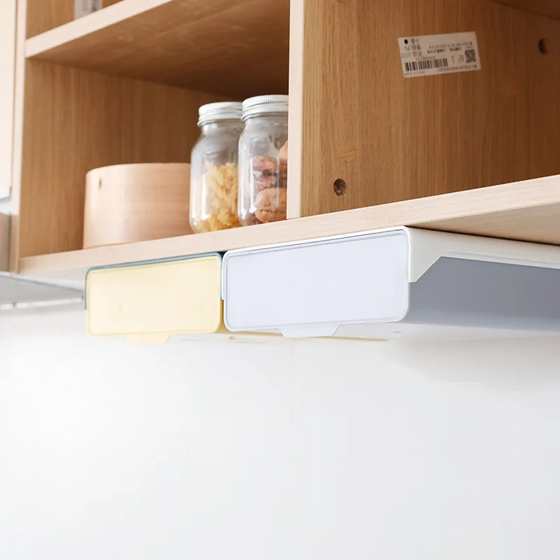 Self-Adhesive Hidden Plastic Storage Box Under the Table Hanging Shelf Drawer Organizers Kitchen Compartment Plate Container