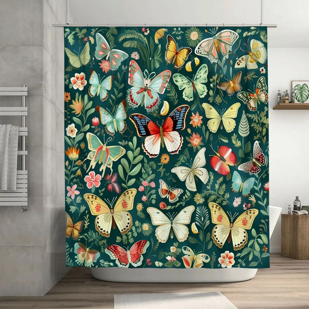 Colorful Butterfly Flower Shower Curtain Waterproof Fabric Decor for Bathroom