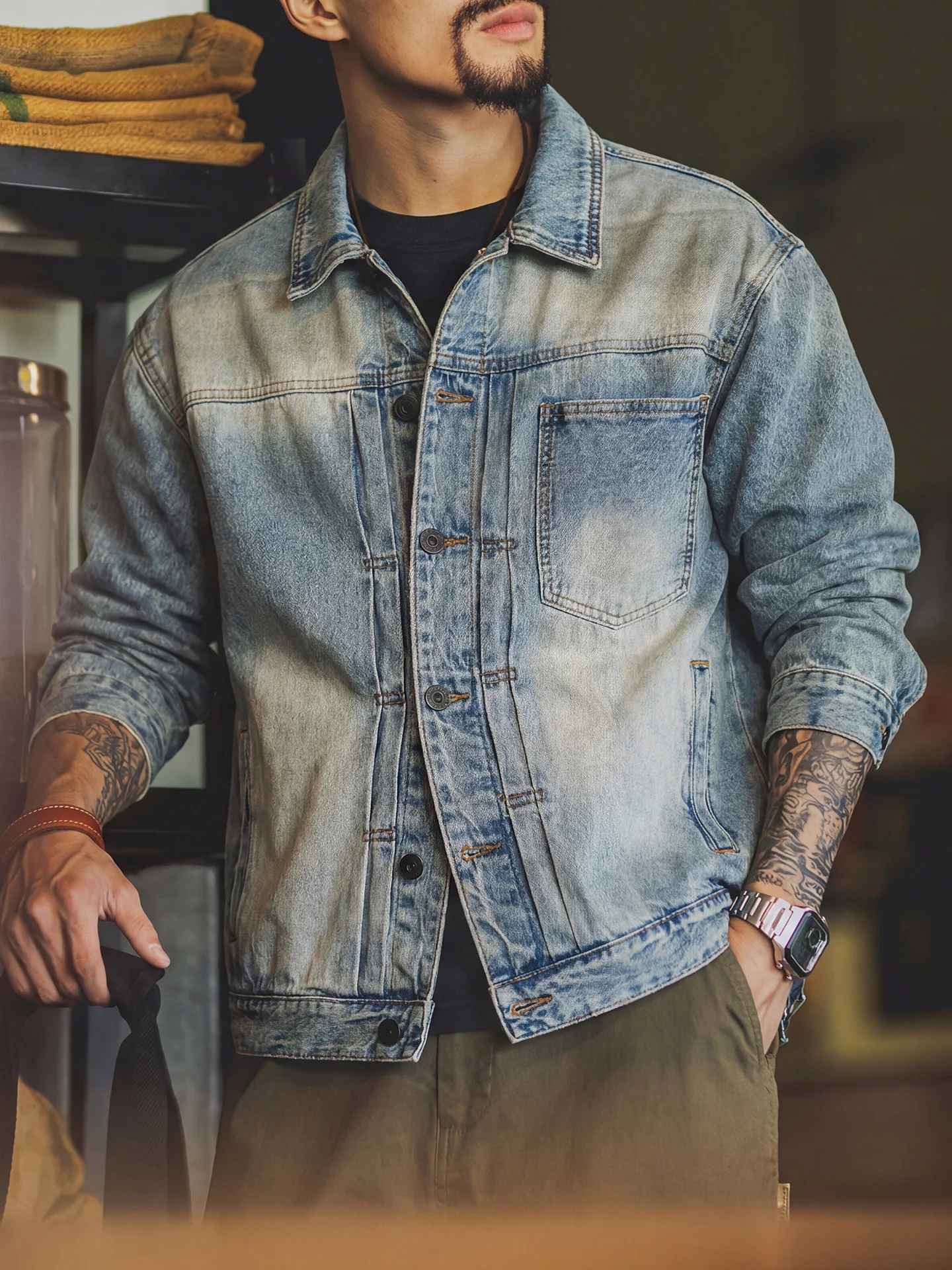 Retro American Washed Gradient Denim Jacket Men's Loose Collar Casual Outerwear Spring Autumn Youth Fashion Leisure Style