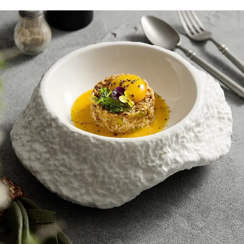 Ceramic Dinner Plate Restaurant Irregular Stone Pattern Thick Soup Salad Pasta Plates Snack Home Tableware