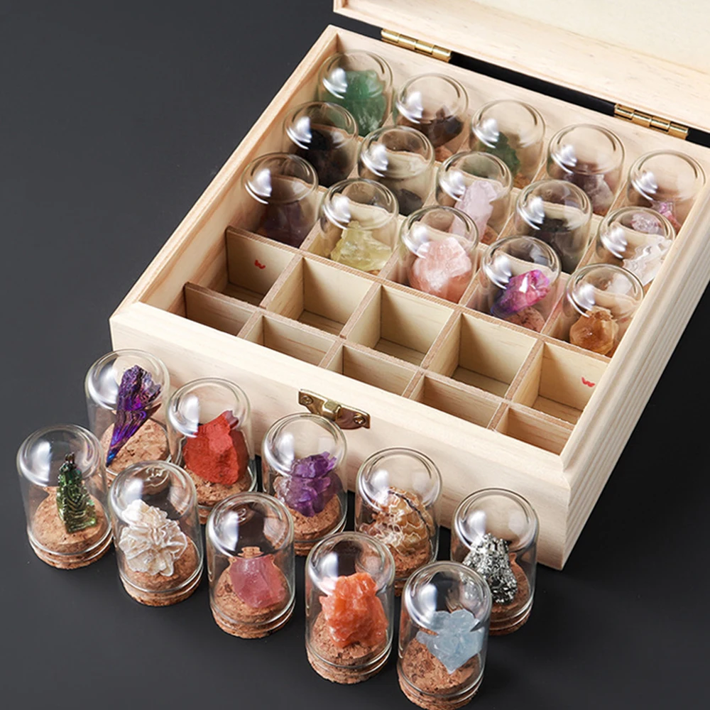 25Pcs Natural Crystal Quartz Mineral Glass Jar with Wooden Box Kit Teaching Collection Specimen Decorative Gifts