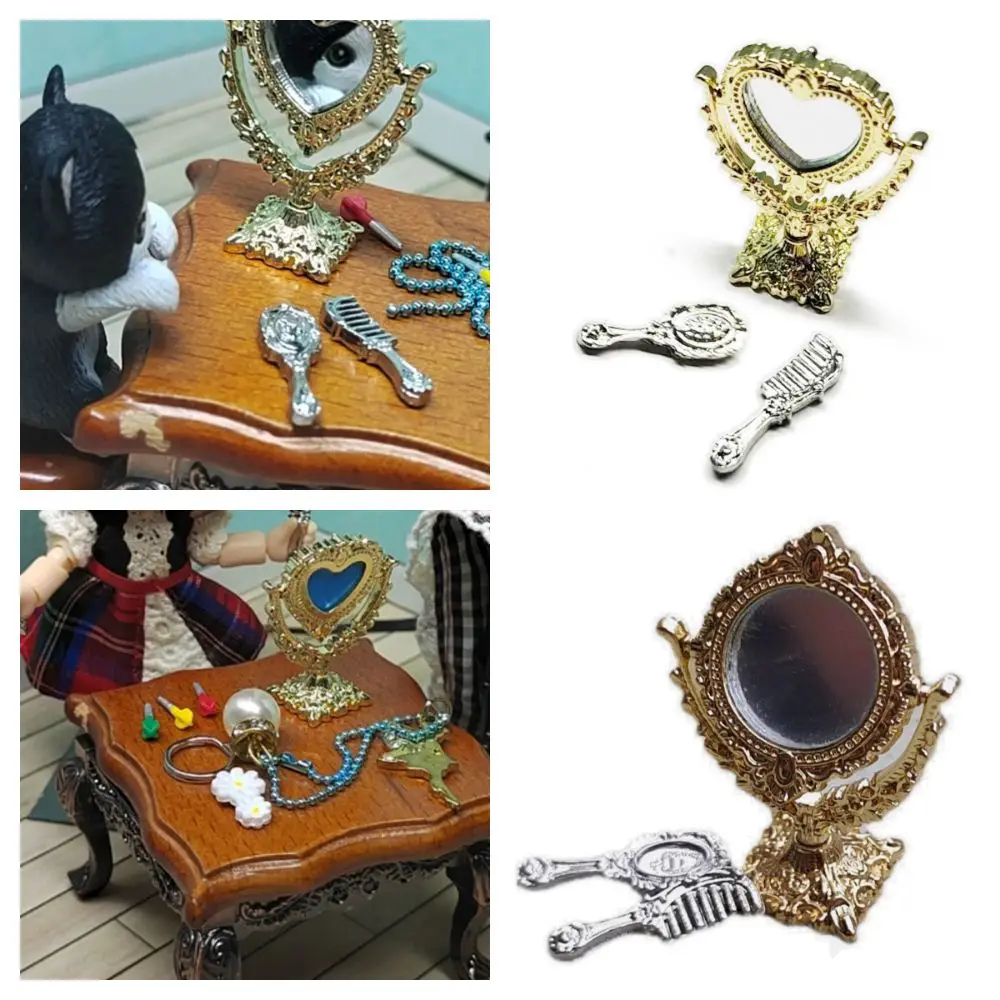 Cornici Gloden Specchio per toeletta per casa delle bambole Accessori per bambole Cuore ovale rotondo Specchio in miniatura retrò Mobili vintage