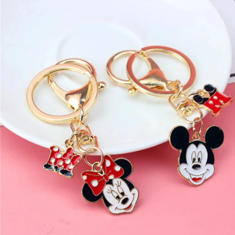 Disney Mickey Mouse Keychain Pendent Minnie Mouse Kawaii Bag Pendent Accessories Toys Cartoon Gold Color Metal Keychain Gift