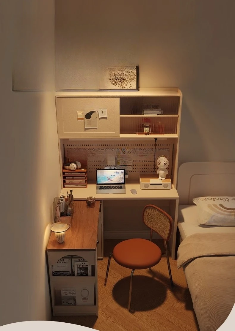

Customized desk bookcase integrated against the wall semi-enclosed bedroom small corner L-shaped desk hole board