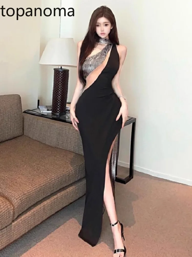 Topanoma Cocktail Evening Dress Woman Sexy Sleeveless Split Slim Halter Temperament Elegant Birthday Party Banquet Dress Ladies