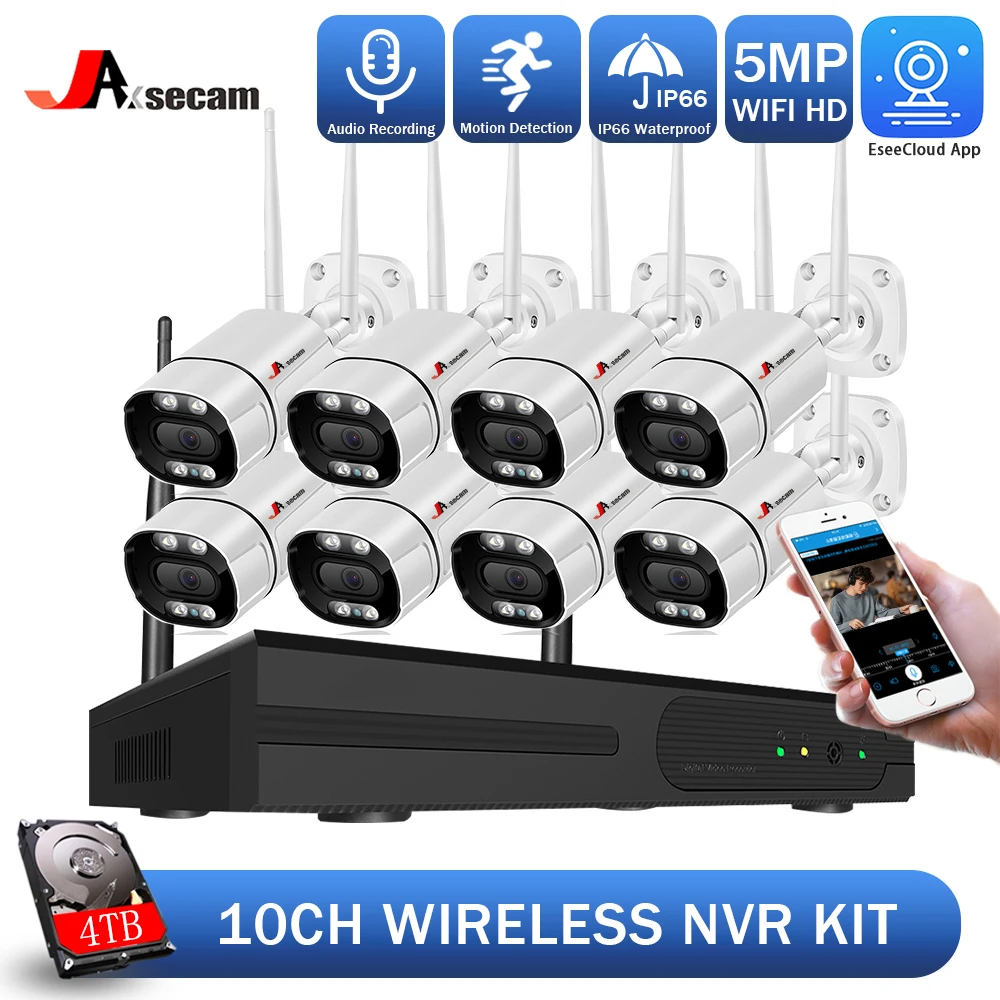 

10CH 5mp Wireless Wifi Camera Security System CCTV Camera Video Surveillance Kit NVR Indoor Outdoor Two-Way Audio EseeCloud APP