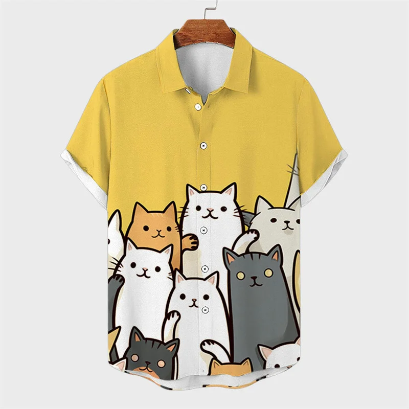 Fashion 3d Printed Cartoon Cat Hawaiian Shirt For Men Summer Vacation Button Down Lapel Shirts Cool Street Short Sleeve Blouse