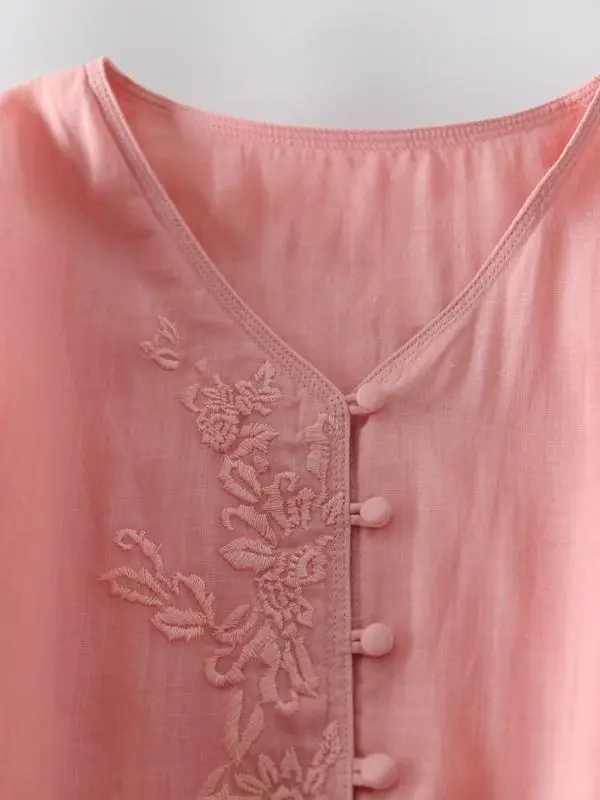 Summer Large Size Lazy Style Embroidered Dress Mid-Sleeve A-Line Maxi Skirt Women Casual Straight Tube Top V-Neck Midi Dress 2