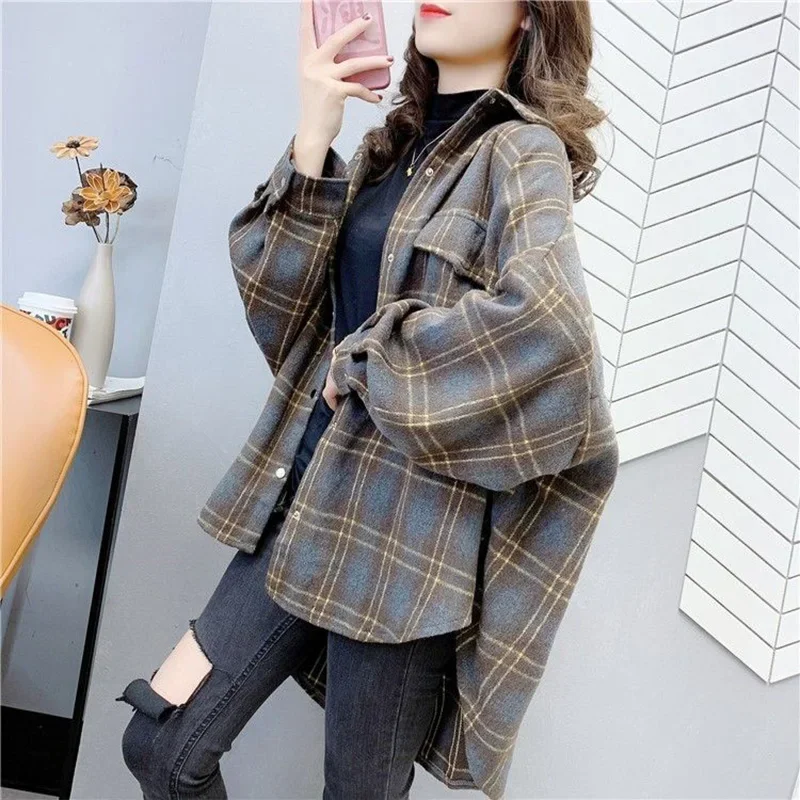 Lazy Style Plaid Casual Shirt for Women Spring Autumn 2024 New Mid Length Woolen Brushed Thick Down Long Sleeved Female Top