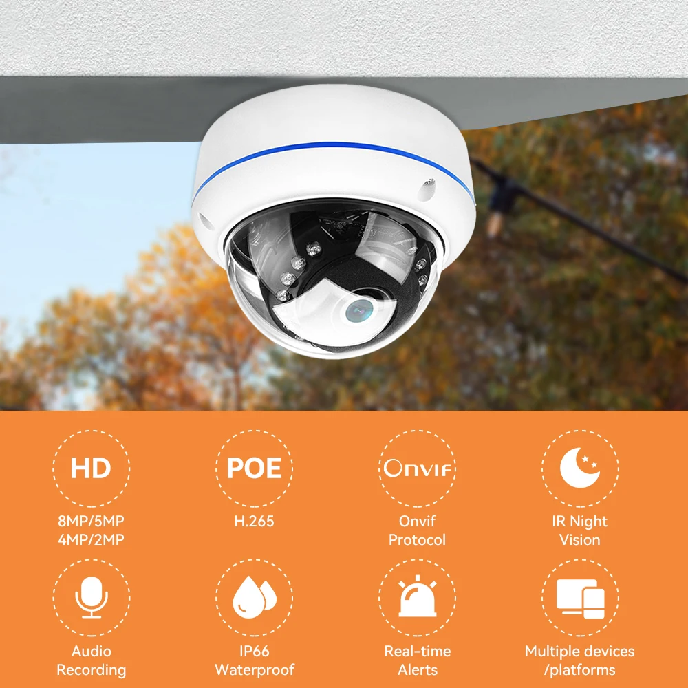4K 8MP HD IP Camera Vandal-proof Waterproof Outdoor Dome Camera Audio Nightvision Remote Access Surveillance Cloud H.265 Xmeye