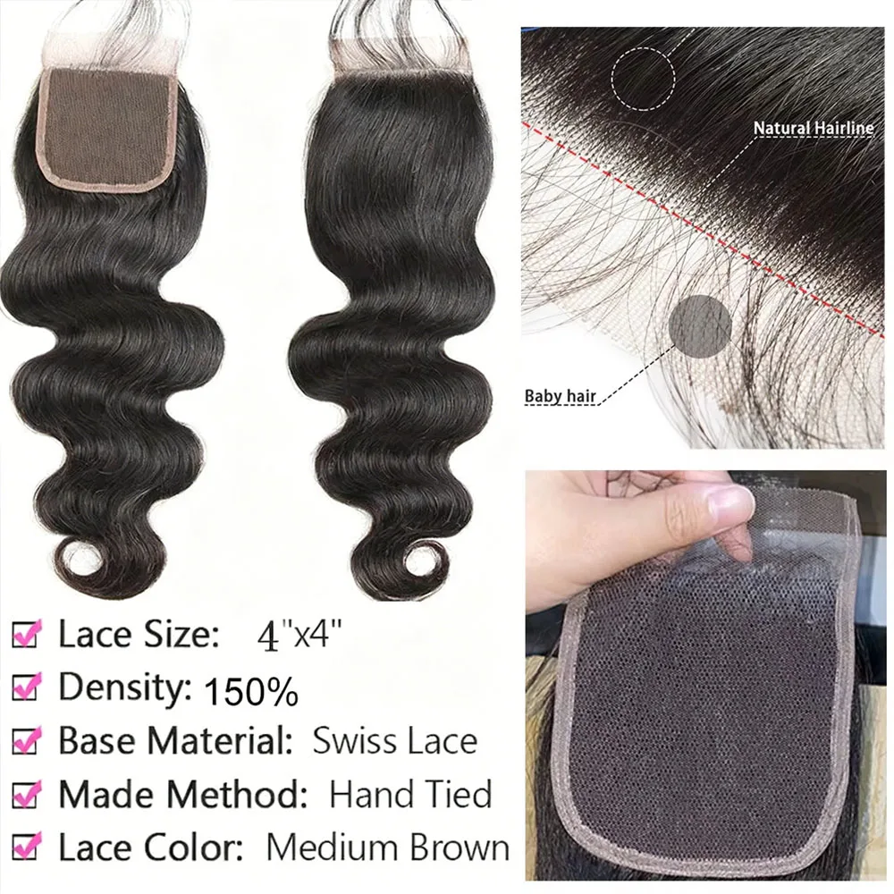 12A Пучки объемных волн Пучки человеческих волос с застежкой 4x4 Бразильское плетение волос 3/4 Пучки с застежкой Натуральные необработанные пучки волос