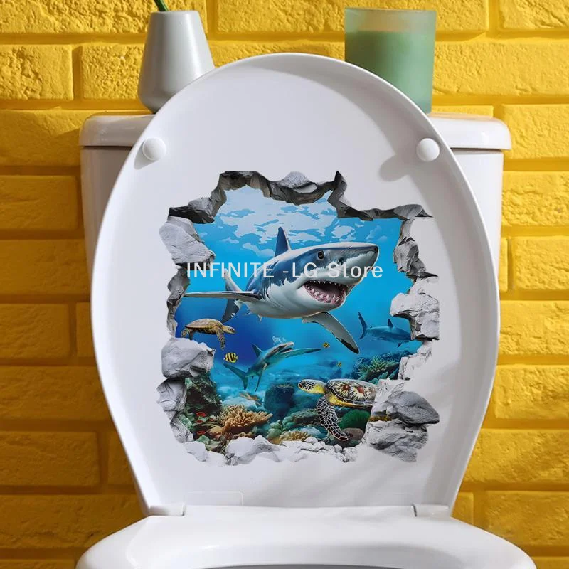 Breaking The Wall Shark Toilet Sticker Bathroom Beach Floor Decal Waterproof Anti Slip Removable Seashore Bathtub Decor