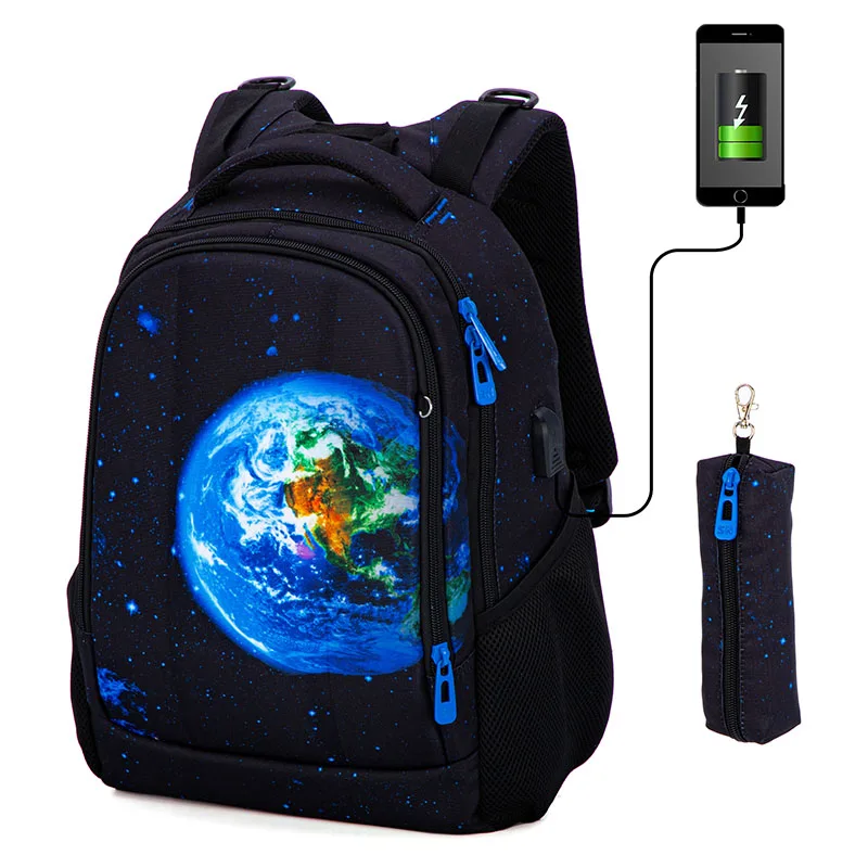 

Orthopedic School Bag For Boys Cartoon Earth Backpacks USB Charging Multifunctional Bagpack Teenagers Bookbag Mochilas Escolar