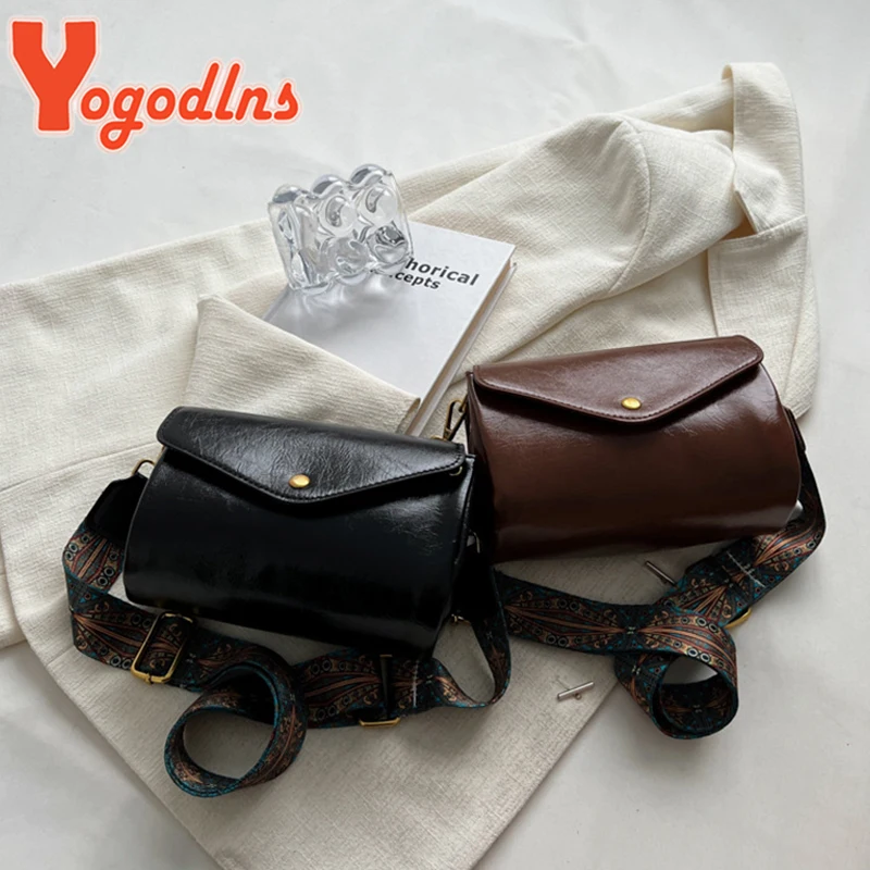 Vintage Shoulder Bag Female PU Leather Pillow Shape Bag Fashion Crossbody Bag Wide Strap Satchel Handbag Clutch Purse