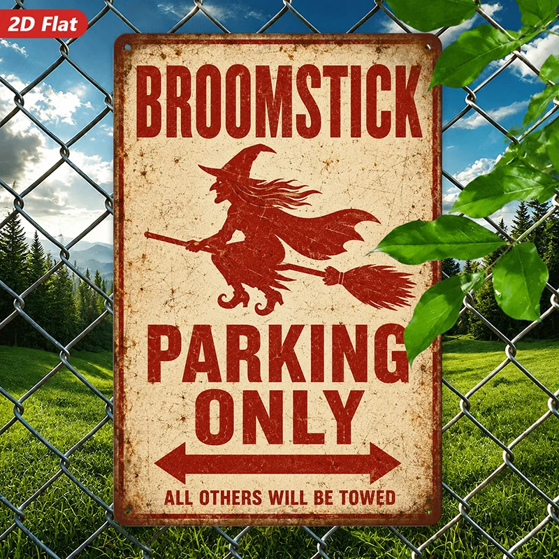 2D Flat, 1pc Metal Sign Wall Art, Witch Broomstick Parking Decorative Wall Art, Retro Style, Halloween Theme, Home Decor,