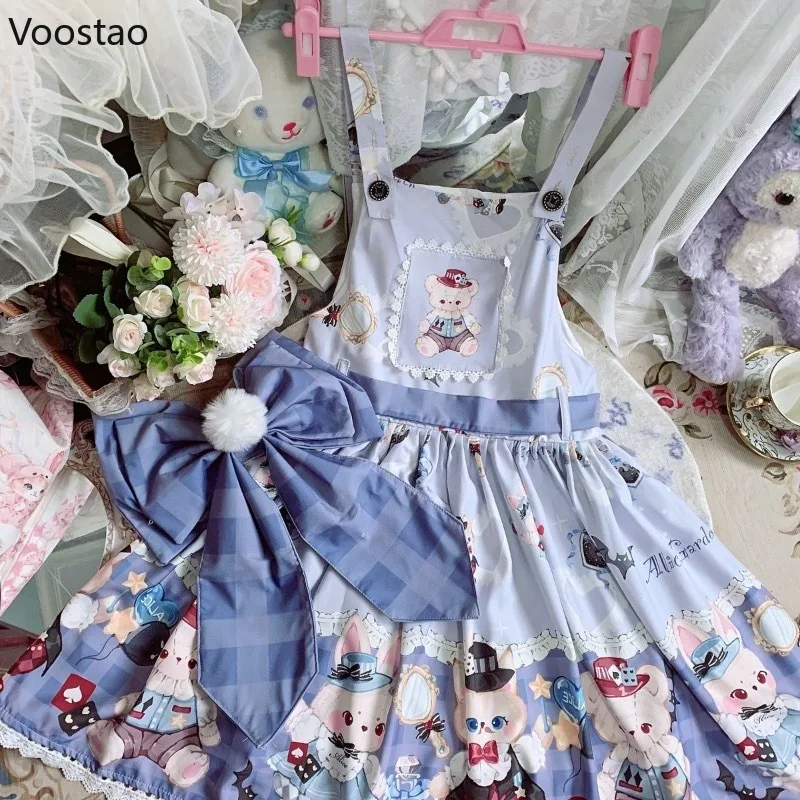 Japonês doce lolita jsk vestido feminino dos desenhos animados coelho urso impressão arco rendas babados cinta vestido meninas kawaii chá festa mini vestidos