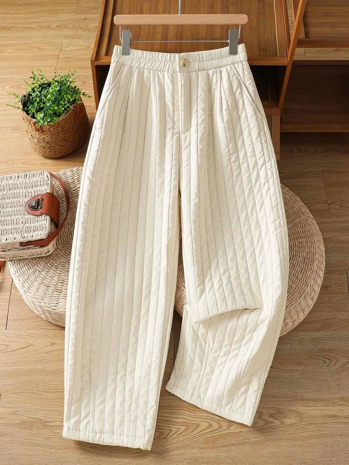 Retro Artistic Thickened Quilted Cotton Pants Women's Winter Casual Warm Trousers High Waist Straight Leg Pocket Detail