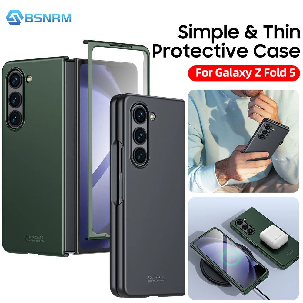 For Samsung Z Fold 5 Foldable Anti-Fall Protective Case, Matte Texture, Hard PC, Integrated Front Cover Tempered Protective Film