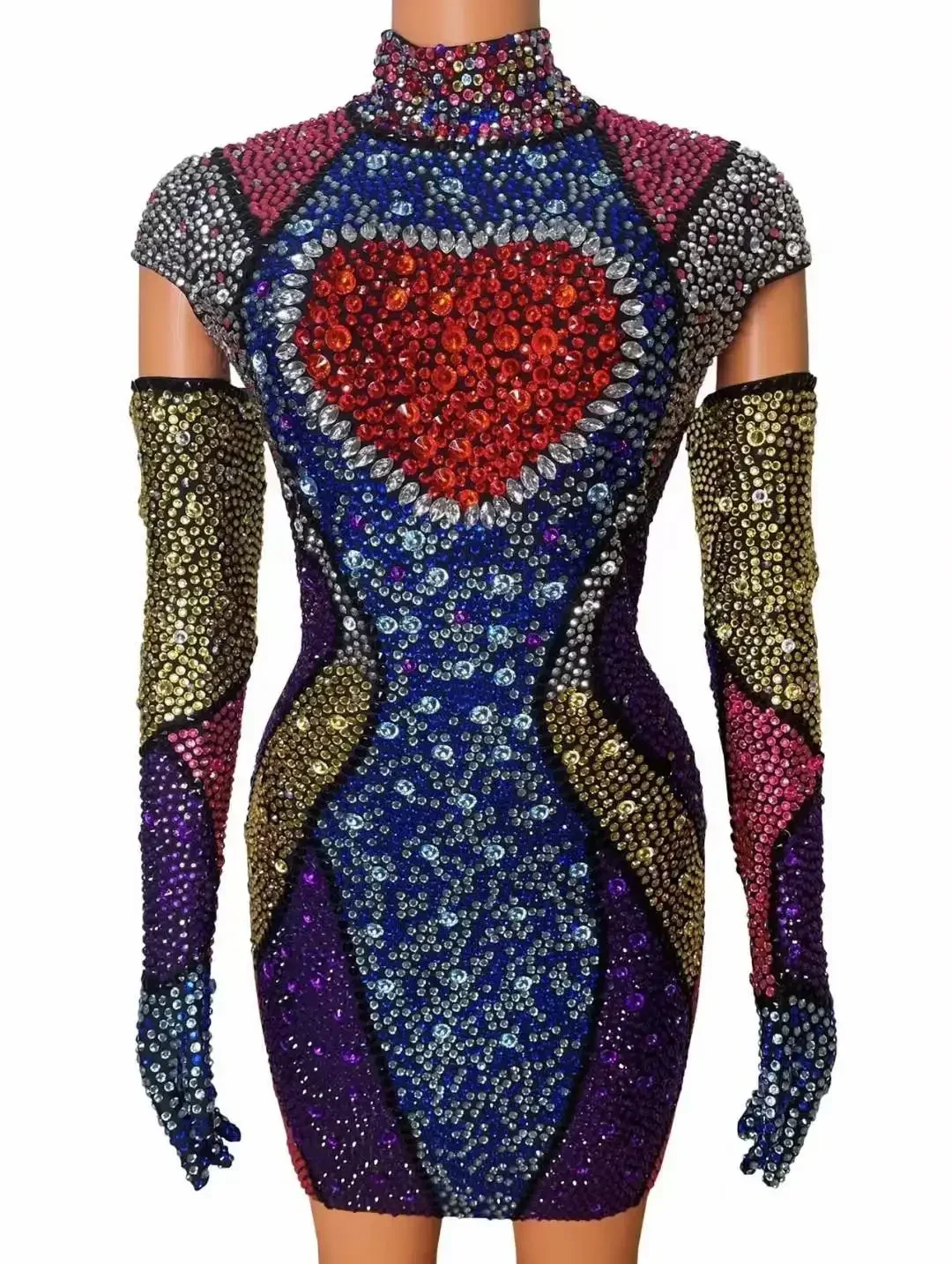 Strassjurk Dames Verjaardagsfeestje Drag Queen Outfit Met Handschoenen Korte Lengte Jurken Hoge Hals Glanzende Stadiumkleding