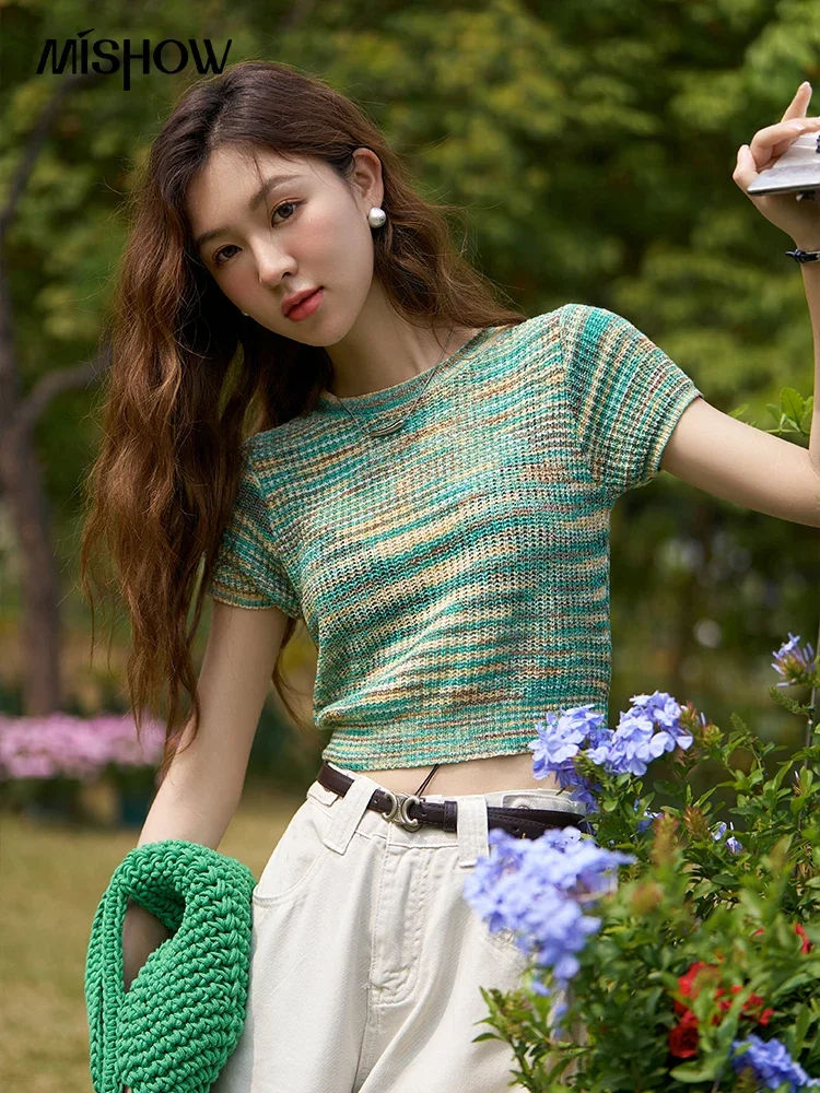 MISHOW Colorful Stripe T-shirt for Women 2023 Summer Korean Sweet Short Sleeve O-Neck Female Knitted Tops Office Lady MXC33Z0043